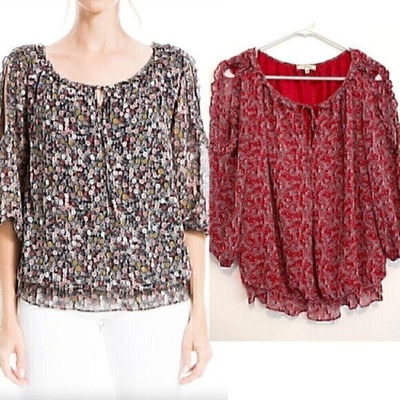 MAX STUDIO Georgette Elbow Sleeve Cold Shoulder Blouse Red White Floral Boho Top - Picture 1 of 13